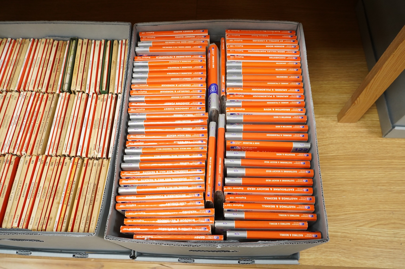 A collection of Ordnance Survey maps including Explorer series 1:25,000, Seventh Series One Inch, together with miscellaneous touring and historic editions (3 boxes)